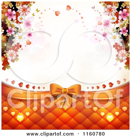 Clipart of a Wedding or Valentines Day Background with a Bow Padding Hearts and Blossoms Around Copyspace - Royalty Free Vector Illustration by merlinul