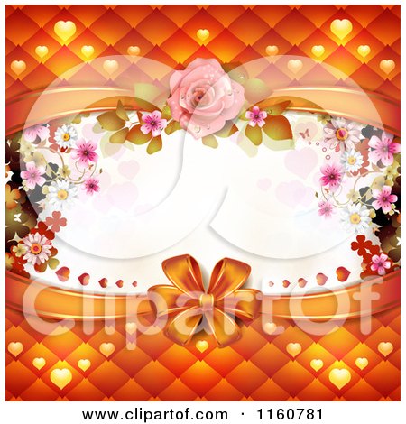 Clipart of a Wedding or Valentines Day Background with a Bow Padding Hearts and Flowers Around Copyspace - Royalty Free Vector Illustration by merlinul