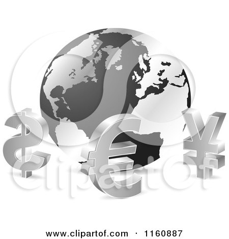 Clipart of 3d Silver Curency Sybmols Around a Globe - Royalty Free Vector Illustration by Andrei Marincas