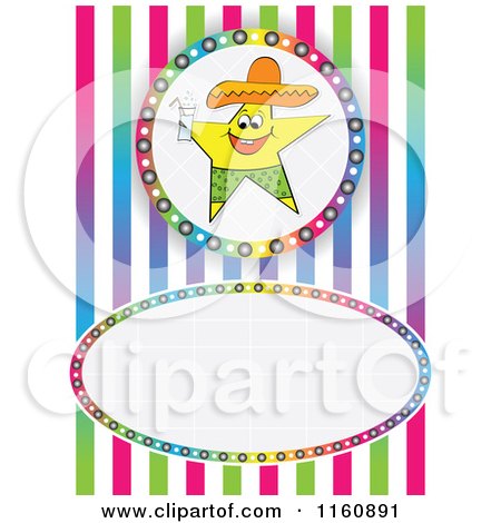 Clipart of a Happy Star Mascot with a Beverage over Stipes with Copyspace - Royalty Free Vector Illustration by Andrei Marincas