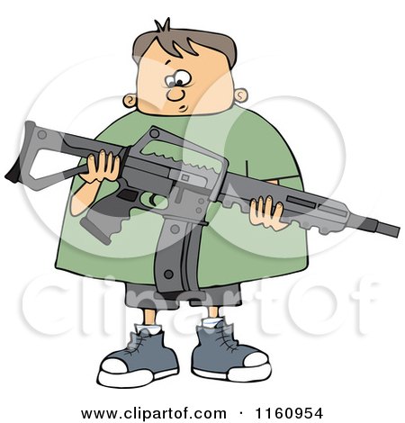 Cartoon of a Nervous Caucasian Boy Holding an Assault Rifle - Royalty Free Vector Clipart by djart