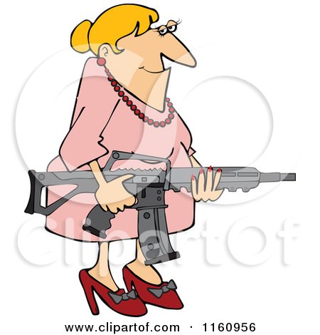 Cartoon of a Smiling Blond Caucasian Woman Holding an Assault Rifle - Royalty Free Vector Clipart by djart
