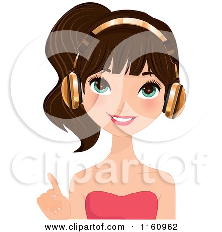 Clipart of a Pointing Pretty Brunette Woman Wearing Gold Headphones - Royalty Free Vector Illustration by Melisende Vector