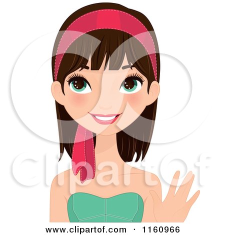Clipart of a Waving Pretty Brunette Woman with Green Eyes and a Pink Headband - Royalty Free Vector Illustration by Melisende Vector