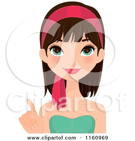 Clipart of a Pointing Pretty Brunette Woman with Green Eyes and a Pink Headband - Royalty Free Vector Illustration by Melisende Vector