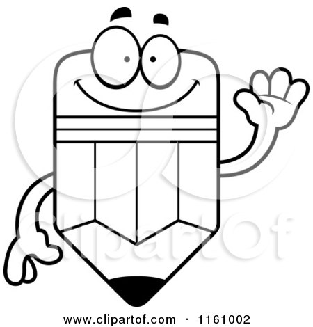 Cartoon of a Black And White Happy Pencil Mascot Waving - Royalty Free Vector Clipart by Cory Thoman