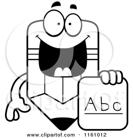 Cartoon of a Black And White Happy Pencil Mascot Holding an Alphabet Board - Royalty Free Vector Clipart by Cory Thoman