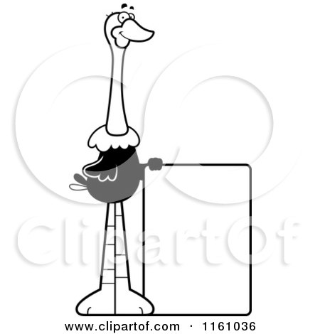 Cartoon of a Black And White Happy Ostrich Mascot with a Sign - Royalty Free Vector Clipart by Cory Thoman
