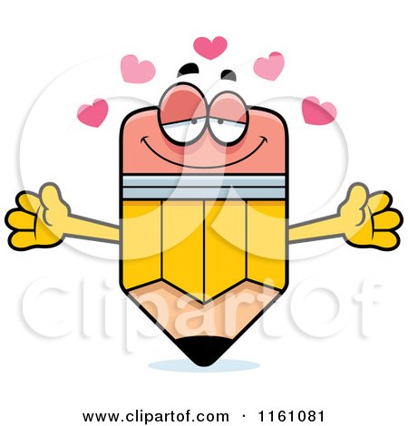 Cartoon of an Amorous Pencil Mascot with Open Arms and Hearts - Royalty Free Vector Clipart by Cory Thoman
