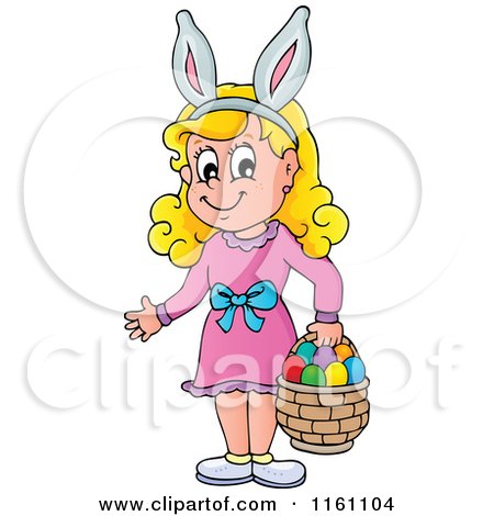Cartoon of a Blond Girl Wearing Bunny Ears and Carrying a Basket Full of Easter Eggs - Royalty Free Vector Clipart by visekart