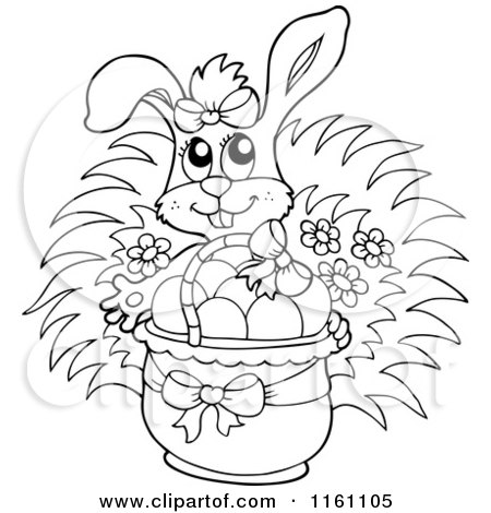 Cartoon of an Outlined Rabbit with a Basket Full of Easter Eggs - Royalty Free Vector Clipart by visekart