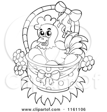 Cartoon of an Outlined Chicken and Easter Eggs in a Basket - Royalty Free Vector Clipart by visekart