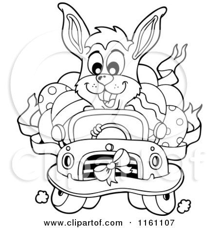 Cartoon of an Outlined Rabbit Driving a Car Full of Easter Eggs - Royalty Free Vector Clipart by visekart