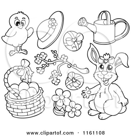 Cartoon of an Outlined Easter Chick Bunny and Items - Royalty Free Vector Clipart by visekart