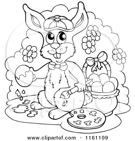 Cartoon of an Outlined Rabbit Painting Easter Eggs - Royalty Free Vector Clipart by visekart