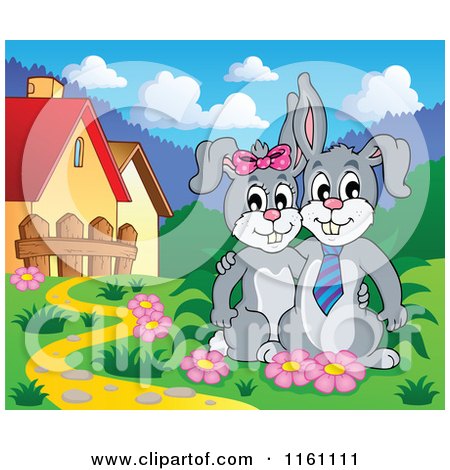 Cartoon of a Happy Bunny Rabbit Couple by a Path - Royalty Free Vector Clipart by visekart