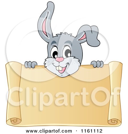 Cartoon of an Easter Bunny over a Scroll Sign - Royalty Free Vector Clipart by visekart