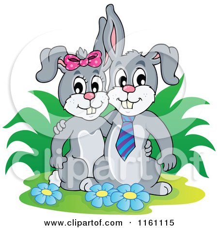 Cartoon of a Happy Bunny Rabbit Couple by a Bush and Flowers - Royalty Free Vector Clipart by visekart