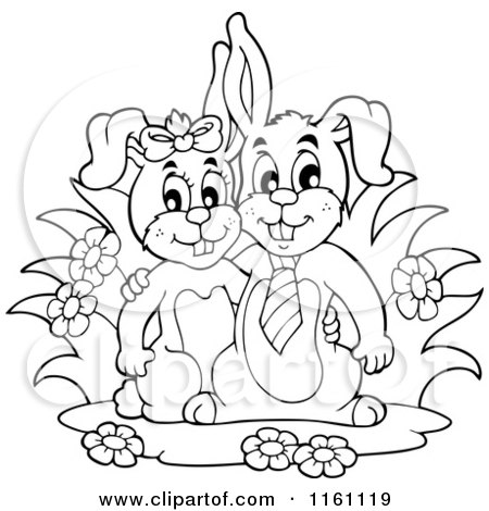 Cartoon of an Outlined Happy Bunny Rabbit Couple - Royalty Free Vector Clipart by visekart
