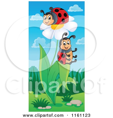 Cartoon of Ladybugs on a White Daisy Plant - Royalty Free Vector Clipart by visekart