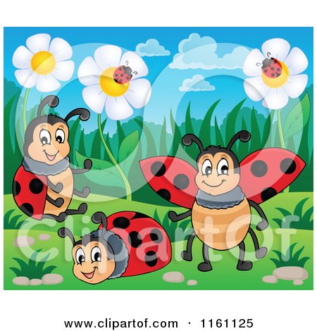 Cartoon of Ladybugs and Flowers - Royalty Free Vector Clipart by visekart