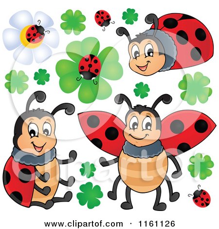 Cartoon of Ladybugs Clovers and Flowers - Royalty Free Vector Clipart by visekart