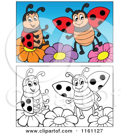 Cartoon of Colored and Black and White Ladybugs on Flowers - Royalty Free Vector Clipart by visekart
