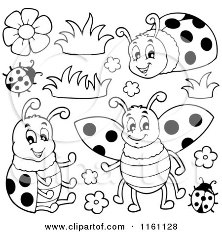 Cartoon of Black and White Ladybugs and Flowers - Royalty Free Vector Clipart by visekart