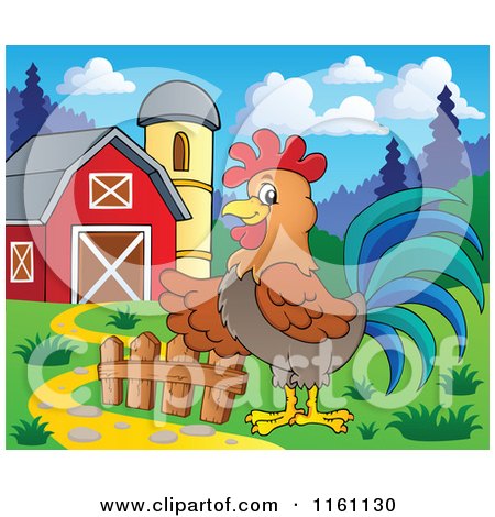 Cartoon of a Presenting Rooster in a Barn Yard - Royalty Free Vector Clipart by visekart