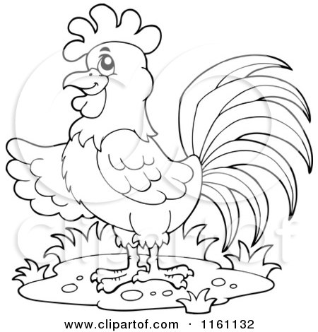 Cartoon of an Outlined Presenting Rooster - Royalty Free Vector Clipart by visekart