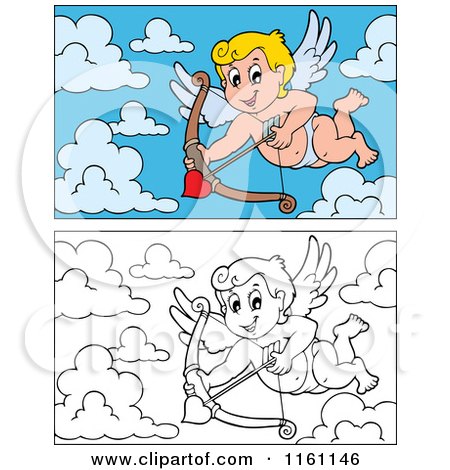 Cartoon of Outlined and Colored Cupids with Arrows - Royalty Free Vector Clipart by visekart