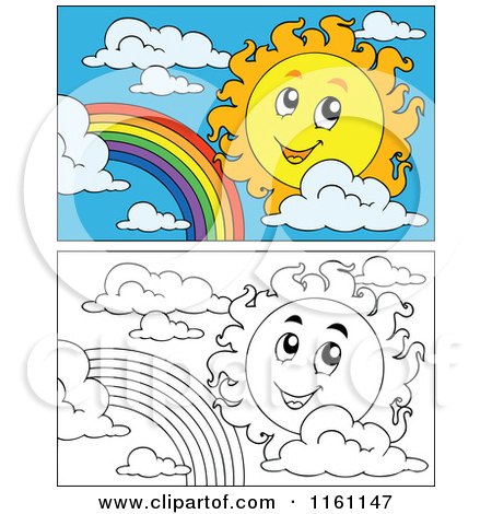 Cartoon of Outlined and Colored Suns and Rainbows - Royalty Free Vector Clipart by visekart