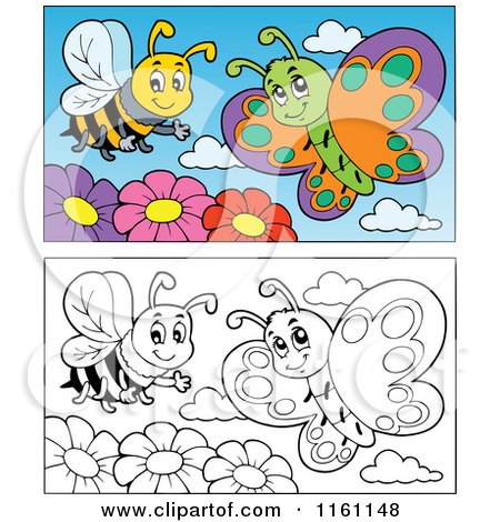 Cartoon of an Outlined and Colored Bee Butterfly and Flowers - Royalty Free Vector Clipart by visekart