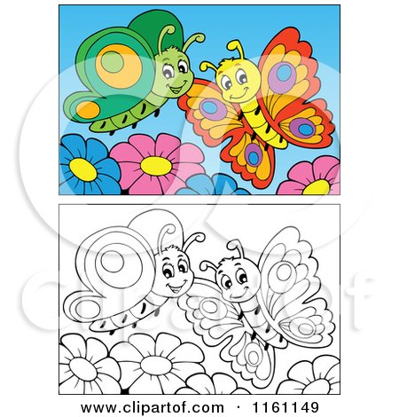 Cartoon of Outlined and Colored Butterflies and Flowers - Royalty Free Vector Clipart by visekart