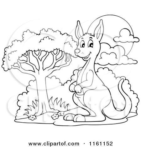 Cartoon of an Outlined Kangaroo by a Tree - Royalty Free Vector Clipart by visekart