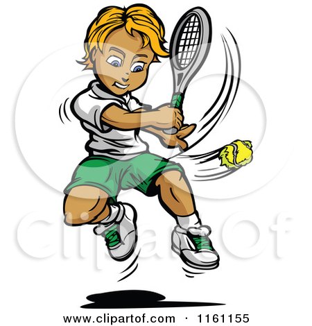 Cartoon of a Blond Tennis Boy Swinging at a Ball - Royalty Free Vector Clipart by Chromaco