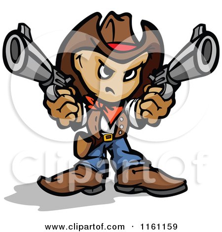 Cartoon of a Tough Little Cowboy Holding Two Pistols - Royalty Free Vector Clipart by Chromaco