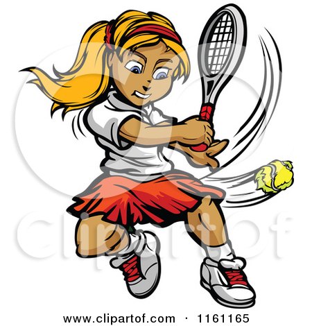 Cartoon of a Blond Tennis Player Girl Hitting a Ball - Royalty Free Vector Clipart by Chromaco