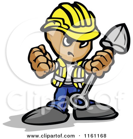Cartoon of a Tough Little Construction Worker Holding a Fist and Shovel - Royalty Free Vector Clipart by Chromaco