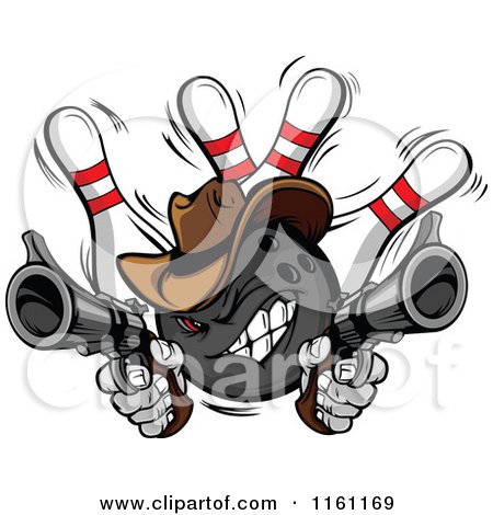Cartoon of a Wild West Cowboy Bowling Ball Bandit Shooting Pistols over Pins - Royalty Free Vector Clipart by Chromaco