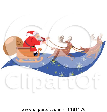 Cartoon of Santa and Two Magic Reindeer Flying on Christmas Eve - Royalty Free Vector Clipart by Frisko