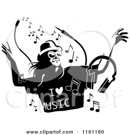 Clipart of a Black and White Woman Dancing and Wearing an I Love Music Shirt - Royalty Free Vector Illustration by Frisko