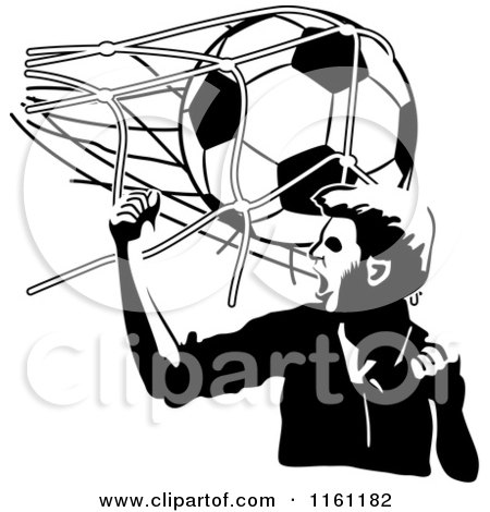 Clipart of a Black and White Victorious Soccer Player and Ball Hitting the Net - Royalty Free Vector Illustration by Frisko