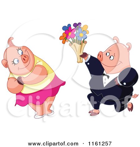 Cartoon of a Pig Presenting His Love with Valentines Day Flowers - Royalty Free Vector Clipart by yayayoyo