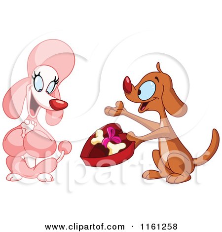 Cartoon of a Dog Presenting a Poodle with a Valentines Day Bone - Royalty Free Vector Clipart by yayayoyo
