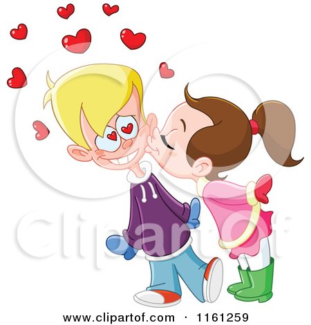Cartoon of a Valentine Girl Kissing a Boy on the Cheek - Royalty Free Vector Clipart by yayayoyo