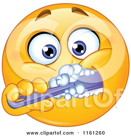Cartoon of a Smiley Emoticon Brushing His Teeth - Royalty Free Vector Clipart by yayayoyo