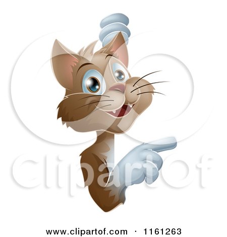 Cartoon of a Happy Brown Cat Looking Around and Pointing to a Sign - Royalty Free Vector Clipart by AtStockIllustration