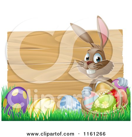 Cartoon of a Happy Easter Bunny Gathering Eggs in Front of a Wooden Sign - Royalty Free Vector Clipart by AtStockIllustration