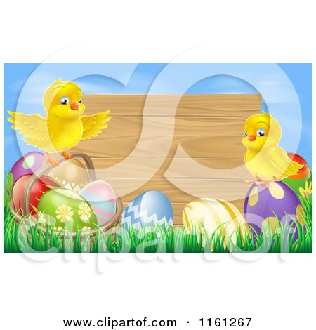 Cartoon of Happy Easter Chicks on Eggs in Front of a Wooden Sign Against a Blue Sky - Royalty Free Vector Clipart by AtStockIllustration